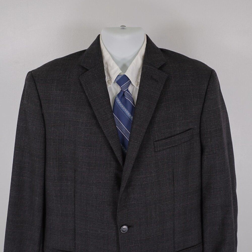 Calvin Klein Wool Gray Check W/ Purple Windowpane 2 Button Blazer 42L